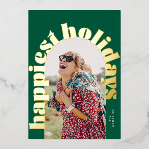 Tarjeta Festiva Con Relieve Metalizado tipografía verde negrita foto plana más feliz dora