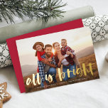 Tarjeta Festiva Con Relieve Metalizado Todo es foto completa brillante<br><div class="desc">La tarjeta fotográfica festiva incluye tu foto horizontal o paisajística favorita en todo el sangrado, con "todo es brillante" colocado en la tipografía de brochas con letras de Relieve metalizado dorado. Personalice la parte delantera de la tarjeta con sus nombres y mensajes breves de vacaciones (mostrados con "Feliz Navidad"), y...</div>
