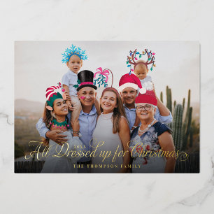 Tarjeta Festiva Con Relieve Metalizado Todos Vestidos Navidades Navidades festivos disfra