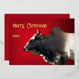 Tarjeta Festiva Con Relieve Metalizado Toro Brahma Rojo Negrita Ganadero Navidad