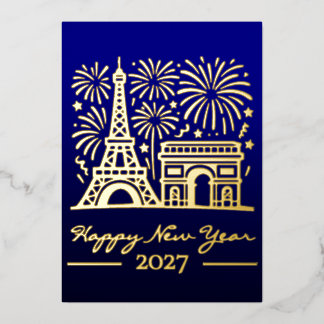 Tarjeta Festiva Con Relieve Metalizado Torre Eiffel Año Nuevo París Fuegos Artificiales F
