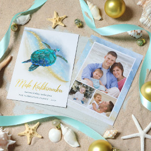 Tarjeta Festiva Con Relieve Metalizado Tortuga marina de playa Mele Kalikimaka 3 Foto