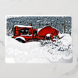 Tarjeta Festiva Con Relieve Metalizado Tractor nevado de Navidad