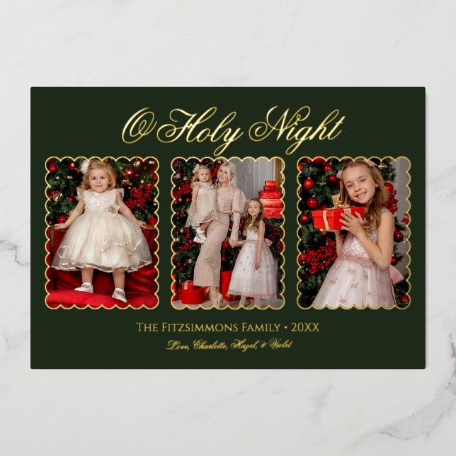 Tarjeta Festiva Con Relieve Metalizado Traditional Three Photo Family Foil Christmas Card (Anverso)