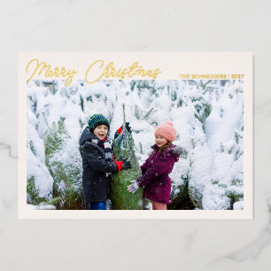 Tarjeta Festiva Con Relieve Metalizado Tres Collage de Fotos Guión Dorado Feliz Navidad
