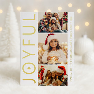 Tarjeta Festiva Con Relieve Metalizado Tres Fotos Alegres Blanco con Dorado