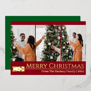 Tarjeta Festiva Con Relieve Metalizado Tríptico Vertical Moderno de 3 Fotos Feliz Navidad