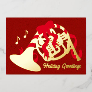 Tarjeta Festiva Con Relieve Metalizado Trompa de Navidad Francesa
