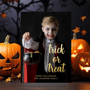 Tarjeta Festiva Con Relieve Metalizado Truco o trato Halloween Foto Oro