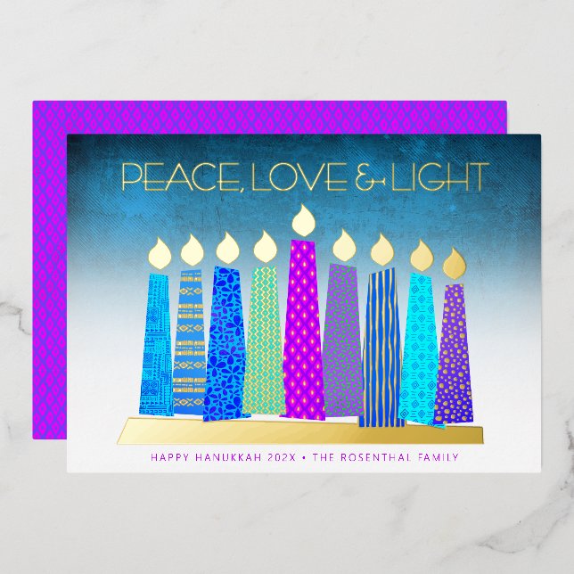 Tarjeta Festiva Con Relieve Metalizado Turquoise Hanukkah Velas Paz Amar Real Gold (Anverso/Reverso)