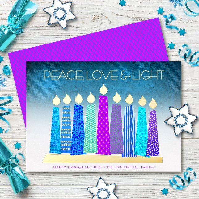 Tarjeta Festiva Con Relieve Metalizado Turquoise Hanukkah Velas Paz Amar Real Gold (Subido por el creador)