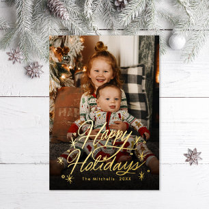 Tarjeta Festiva Con Relieve Metalizado Twinkling Hand Lettered Happy Holidays