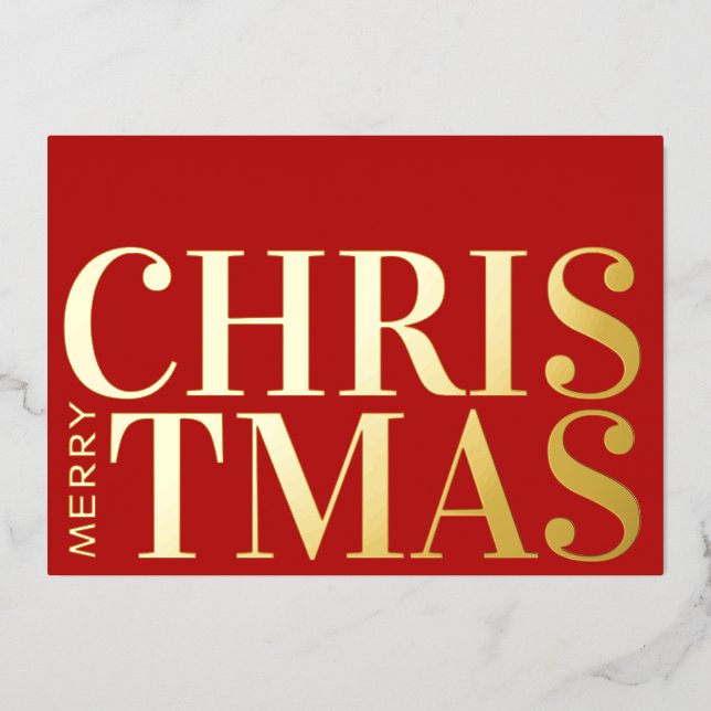 Tarjeta Festiva Con Relieve Metalizado Typografía moderna Oro Rojo Feliz Navidad (Anverso)
