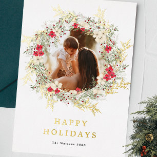 Tarjeta Festiva Con Relieve Metalizado una foto elegante verde navidad feliz oro