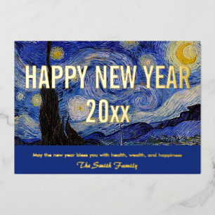 Tarjeta Festiva Con Relieve Metalizado Van Gogh - Feliz Año Nuevo con la noche estrellada