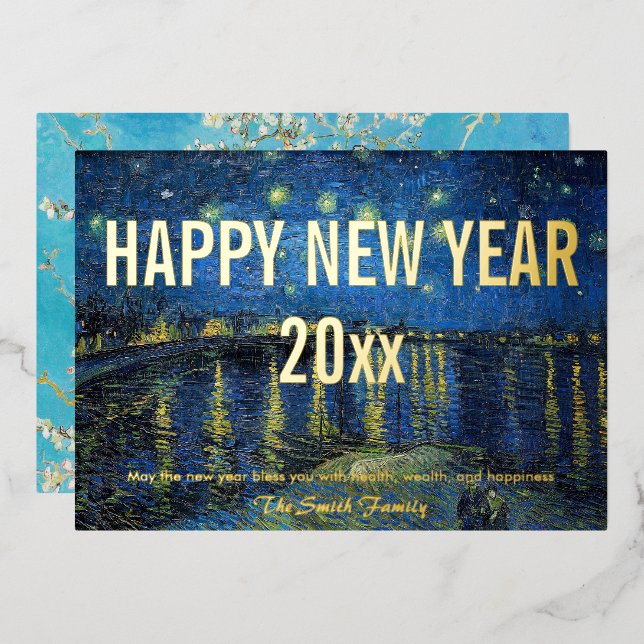 Tarjeta Festiva Con Relieve Metalizado Van Gogh - Feliz Año Nuevo con Noche estrellada /R (Anverso/Reverso)