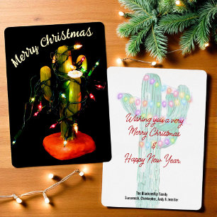 Tarjeta Festiva Con Relieve Metalizado Vela de cactus envuelta en luces de Navidad