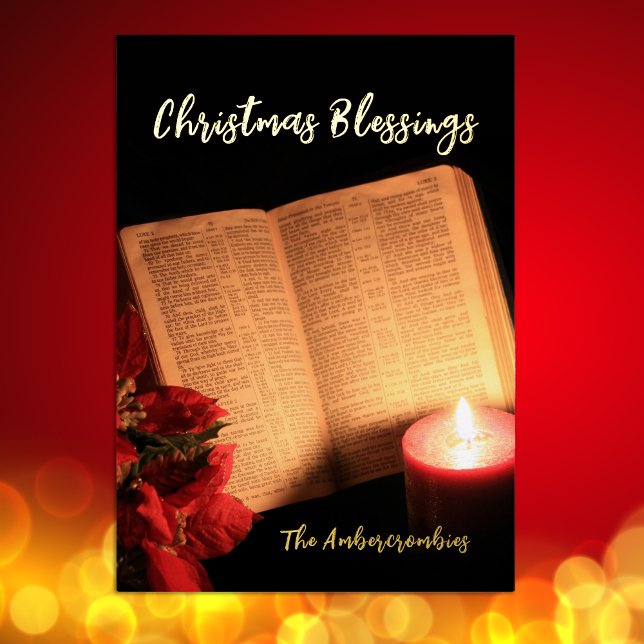 Tarjeta Festiva Con Relieve Metalizado Vela de Relieve metalizado dorado Poinsettia Vieja (Gold Foil Candle Poinsettia Old Bible holiday card)