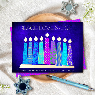 Tarjeta Festiva Con Relieve Metalizado Velas de Janucá Paz Amor Luz Azul Oro Real