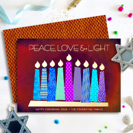 Tarjeta Festiva Con Relieve Metalizado Velas Rojas de Janucá Paz Amor Luz Oro Real