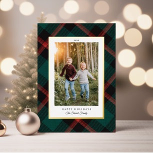 Tarjeta Festiva Con Relieve Metalizado Verdadero Relieve metalizado Verde Rojo Plaid Feli
