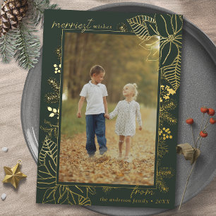 Tarjeta Festiva Con Relieve Metalizado Verde bosque y dorado Foto vertical de Navidad