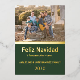 Tarjeta Festiva Con Relieve Metalizado Verde Feliz Navidad - Oro de foto en español