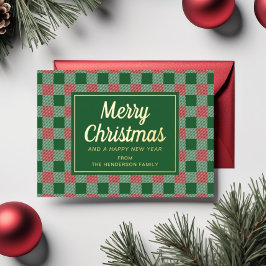 Tarjeta Festiva Con Relieve Metalizado Verde Festivo de Cuadros Navidad Dorado 