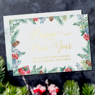 Tarjeta Festiva Con Relieve Metalizado Verde invernal y Feliz Año Nuevo de piña dorada