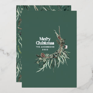Tarjeta Festiva Con Relieve Metalizado Verde moderno elegante botánico acuarela rústico f