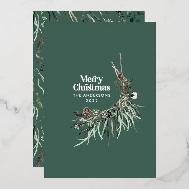 Tarjeta Festiva Con Relieve Metalizado Verde moderno elegante botánico rustico acuarela f (Anverso/Reverso)