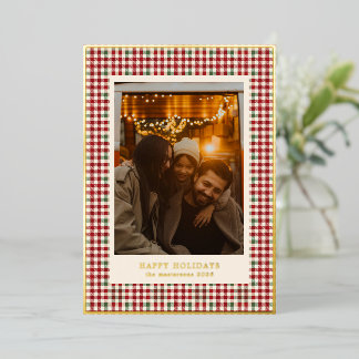 Tarjeta Festiva Con Relieve Metalizado Verde y Rojo Plaid Pequeño Foto Elegante