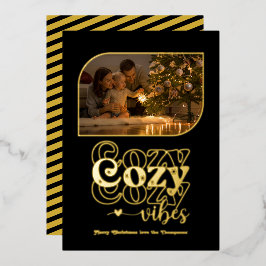 Tarjeta Festiva Con Relieve Metalizado Vibraciones Acogedoras Negro y Dorado Foto Retro d