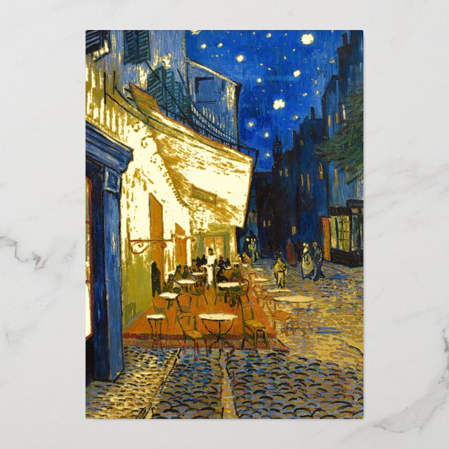Tarjeta Festiva Con Relieve Metalizado Vincent van Gogh - Cafe Terrace de noche (Anverso)