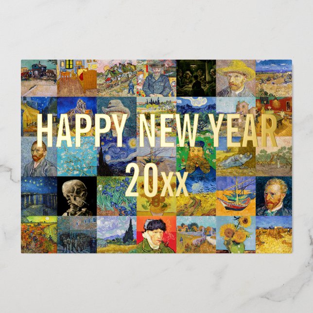 Tarjeta Festiva Con Relieve Metalizado Vincent van Gogh - Feliz fiesta de cumpleaños de A (Anverso)