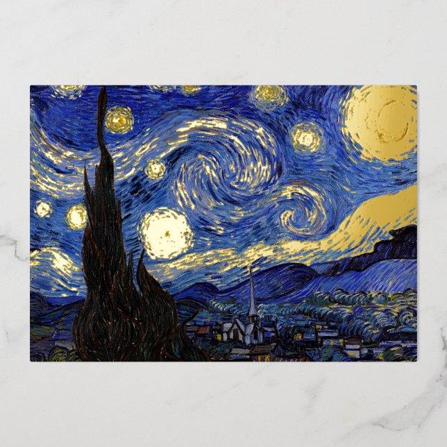 Tarjeta Festiva Con Relieve Metalizado Vincent Van Gogh - La noche estrellada (Anverso)