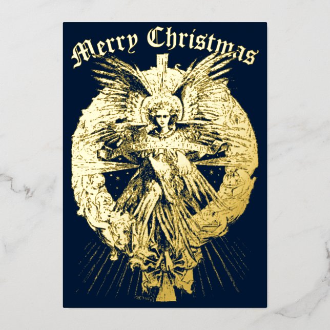 Tarjeta Festiva Con Relieve Metalizado Vintage Christmas Angel (Anverso)