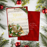 Tarjeta Festiva Con Relieve Metalizado Vintage Christmas Music French Horn Red Gold<br><div class="desc">Esta elegante tarjeta de Navidad vintage presenta un verdadero Relieve metalizado dorado para la "Feliz Navidad", con un violín en un pergamino de Navidades de la música de hojas de carol decoradas con vegetación festiva y bayas huecas, y un falso fondo metálico rojo. Añade tu propio nombre y mensaje personal...</div>
