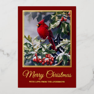 Tarjeta Festiva Con Relieve Metalizado Vintage Christmas Red Cardinal Bird