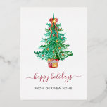Tarjeta Festiva Con Relieve Metalizado Vintage Christmas Tree Weve Moved<br><div class="desc">Vintage Christmas Tree Weve Moved Holiday Moving invitación tarjeta de Relieve metalizado Decorada Árbol de Navidad</div>