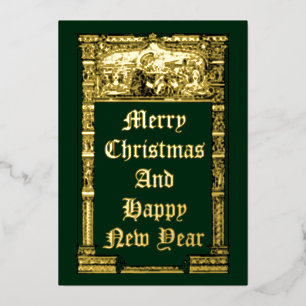 Tarjeta Festiva Con Relieve Metalizado Vintage de los ángeles de Navidad con Madonna y ni