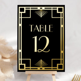 Tarjeta Festiva Con Relieve Metalizado Vintage Deco Black Gold Foil Table Numbers