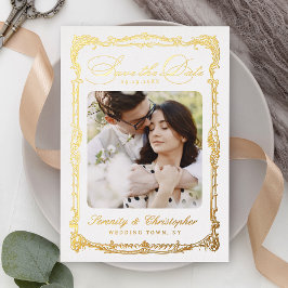 Tarjeta Festiva Con Relieve Metalizado Vintage Frame Classic Script Photo Save The Date