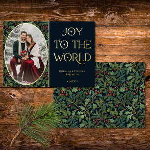 Tarjeta Festiva Con Relieve Metalizado Vintage Holly Berry Black Alegría al Mundo Navidad