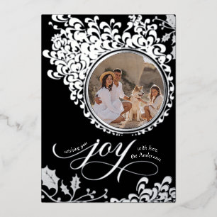 Tarjeta Festiva Con Relieve Metalizado Vintage Holly One Photo Black Silver Navidades Ale