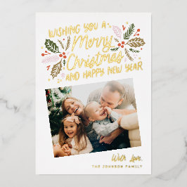 Tarjeta Festiva Con Relieve Metalizado Vintage Holly Tiled Snapshot Photo Navidad Gold