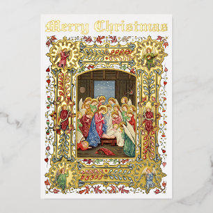 Tarjeta Festiva Con Relieve Metalizado Vintage navidad Natividad y ángeles por A. Crispin