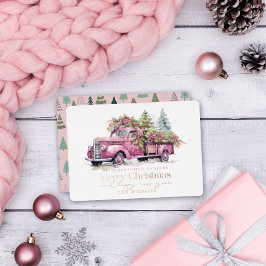 Tarjeta Festiva Con Relieve Metalizado Vintage Pink Farm Truck Árbol de Navidad Blanco