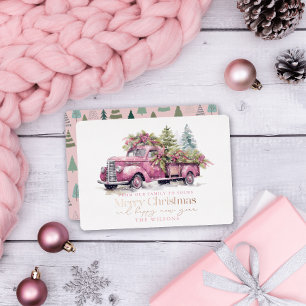 Tarjeta Festiva Con Relieve Metalizado Vintage Pink Farm Truck Árbol de Navidad Blanco