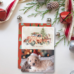 Tarjeta Festiva Con Relieve Metalizado Vintage Red Farm Truck Christmas Tree Dogs Photo